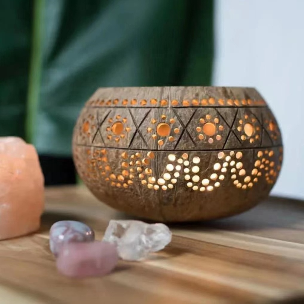 Eco-Friendly Coconut Shell Bowl Decorated Engraving Coconut Shell Candle Holder Handmade Hollow out Coconut Shell Candle Bowl