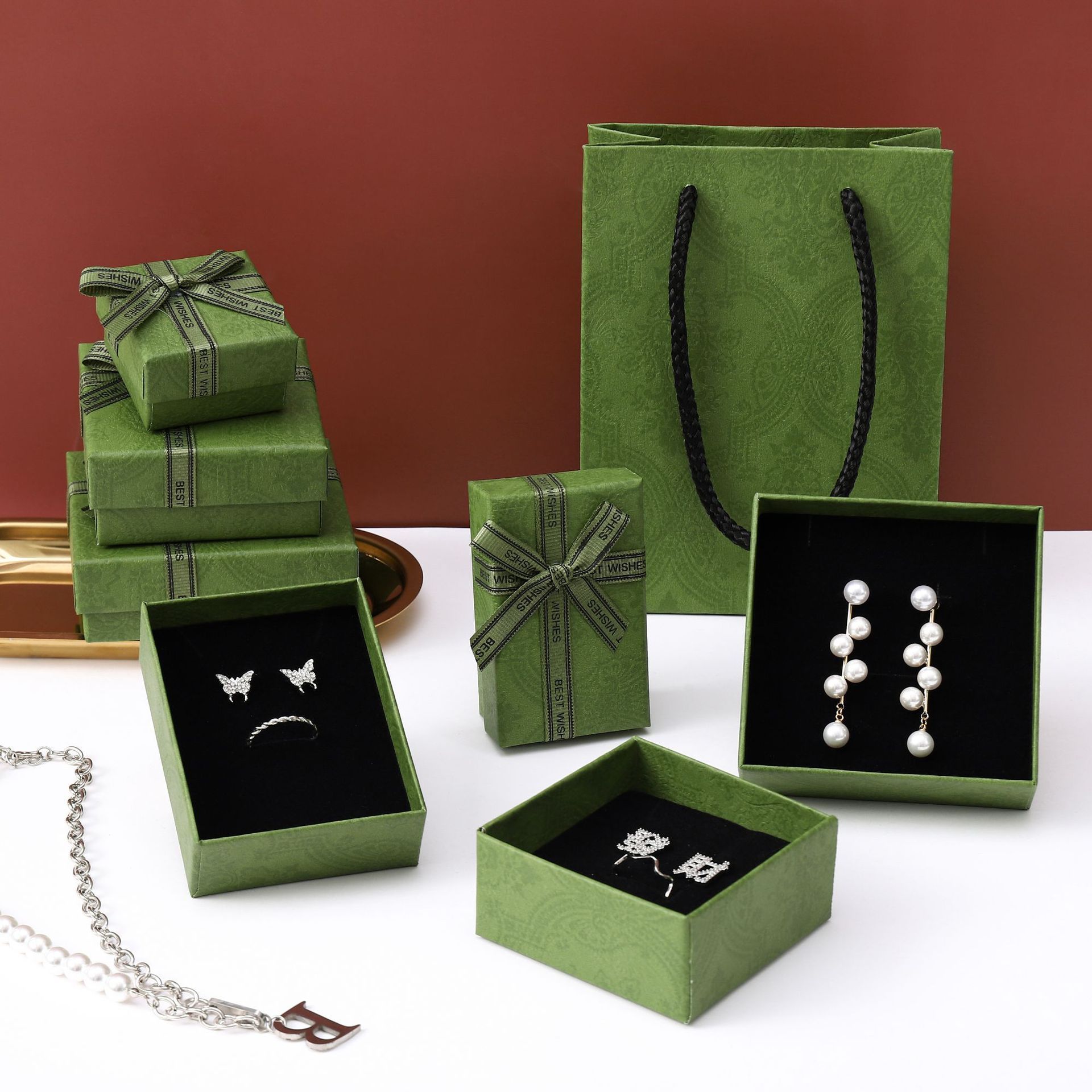 engagement wedding ring jewelry box packaging women paper green custom gift box jewelry necklace earring boxes