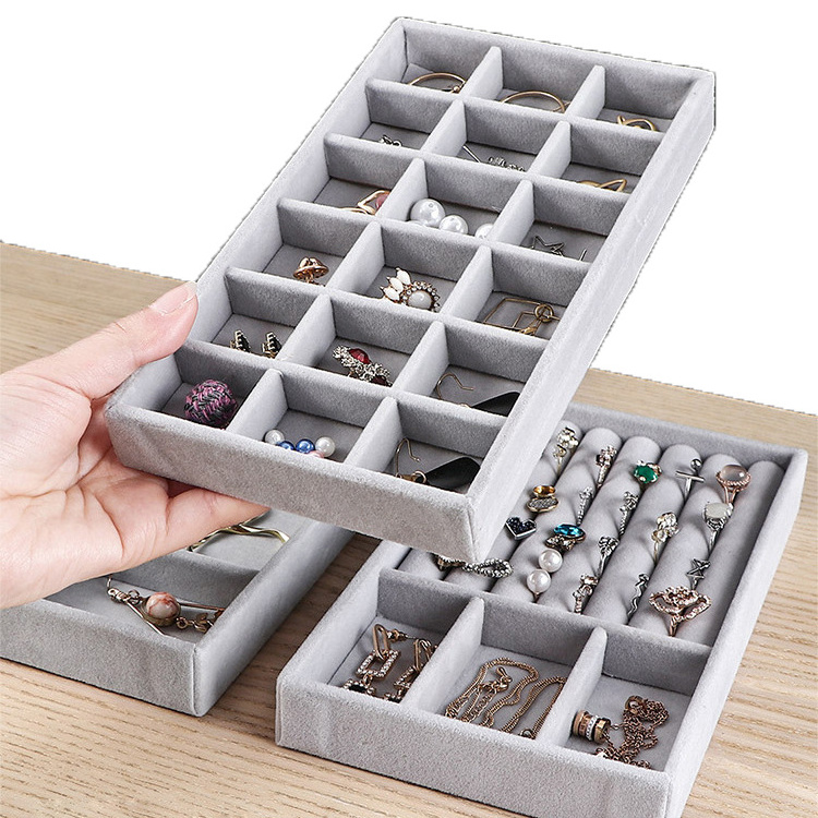 Tongxing Custom Jewelry Box Drawer Storage Organizer Gray Soft Velvet Jewellery Earring Necklace Pendant Bracelet Tray