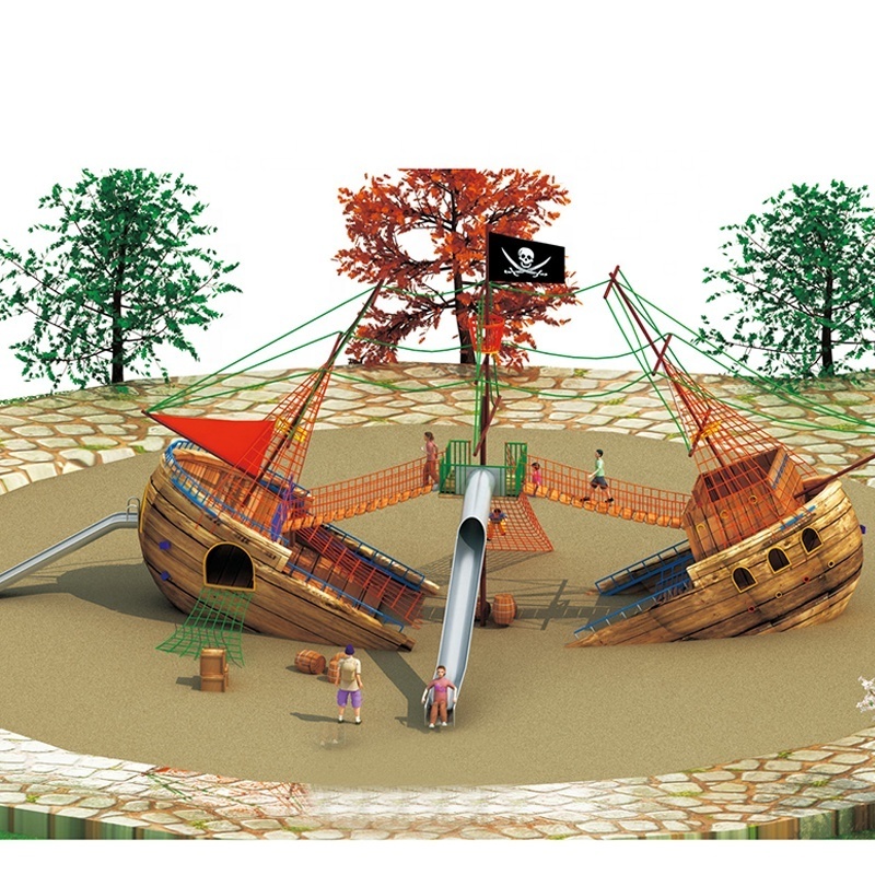 New Arrived Boat Children Kids Wooden Pirate Ship Play Set Complete Park Forts Slides Swings Lumber Outdoor Playground Equipment