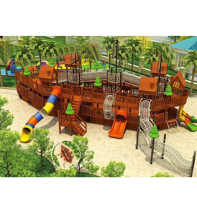 New Arrived Boat Children Kids Wooden Pirate Ship Play Set Complete Park Forts Slides Swings Lumber Outdoor Playground Equipment