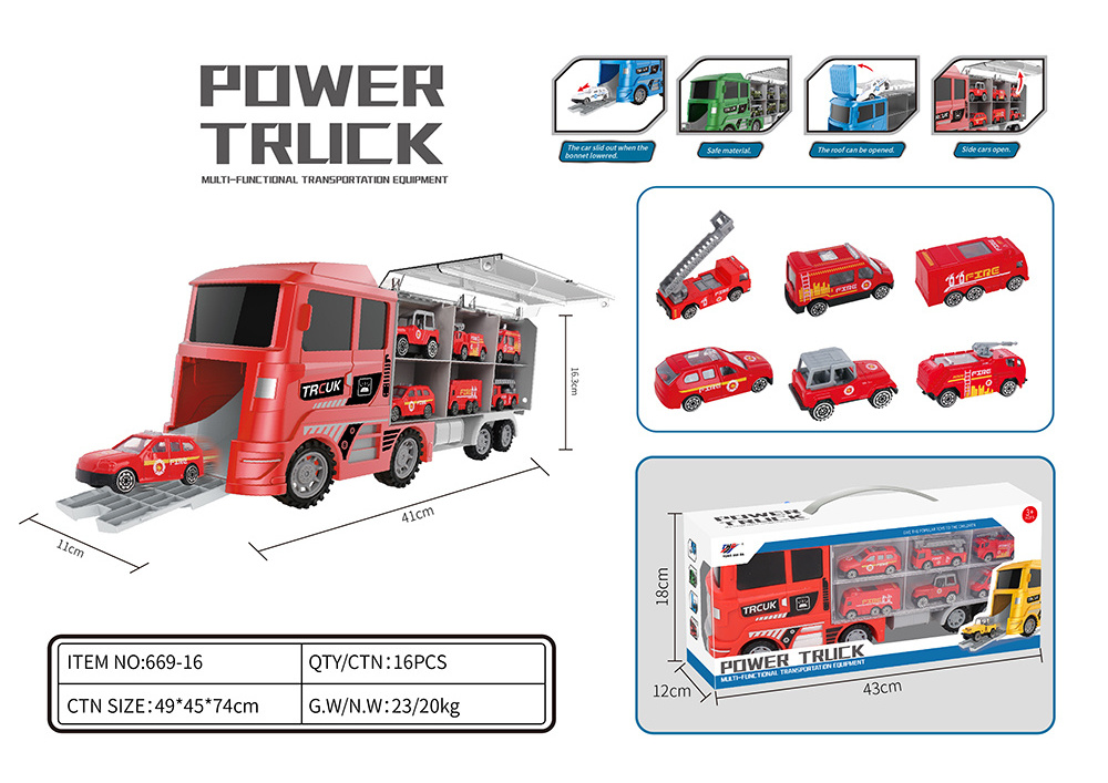 Kids Fire Transportation Truck Toy Transport Truck Toys with 6 die cast cars