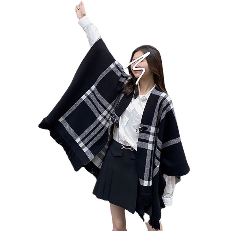 Women's Winter Cashmere Knitted Scarf Large Plaid Double-Sided Shawl Acrylic Cloak with Printed Pattern Tassels for Adults