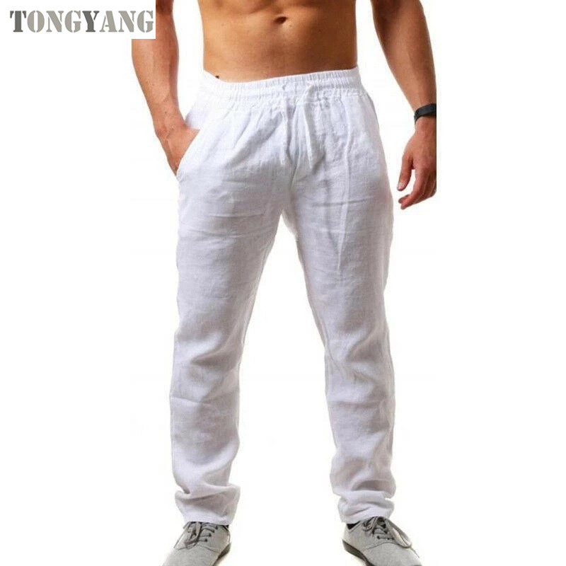 TONGYANG Men's New Fashion Casual Sport Pants Elastic Waist Cotton and Linen Solid Color Trousers