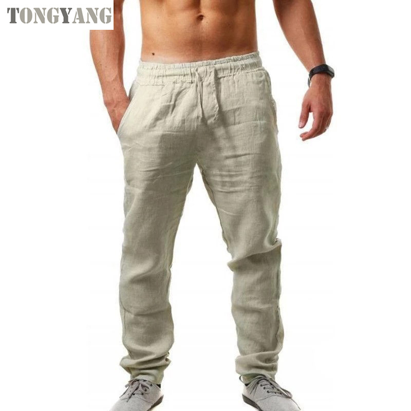 TONGYANG Men's New Fashion Casual Sport Pants Elastic Waist Cotton and Linen Solid Color Trousers