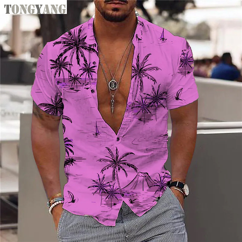 TONGYANG Coconut Tree Shirts For Men 3d Printed Men's Hawaiian Shirt Beach Short Sleeve Fashion Tops Tee Shirt Man Blouse Camisa