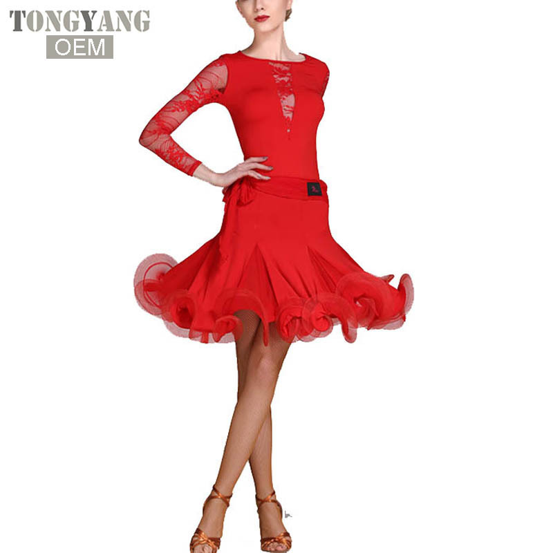 TONGYANG Long Sleeve Latin Salsa Dance Dresses Ladies Latin Ballroom Dance Competition Dress Women Dance Standard Costumes