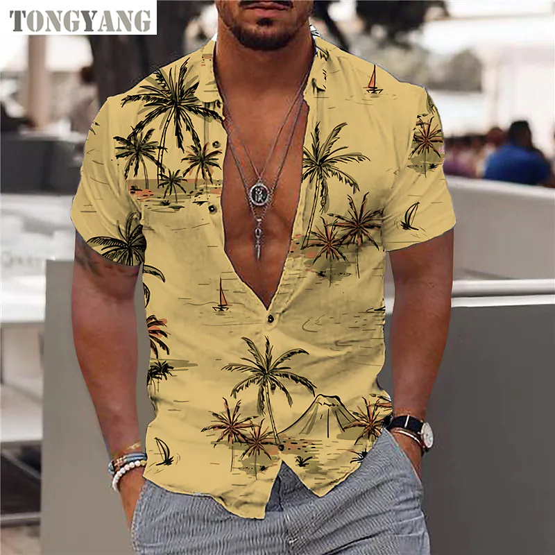 TONGYANG Coconut Tree Shirts For Men 3d Printed Men's Hawaiian Shirt Beach Short Sleeve Fashion Tops Tee Shirt Man Blouse Camisa