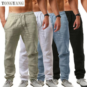 TONGYANG Men's New Fashion Casual Sport Pants Elastic Waist Cotton and Linen Solid Color Trousers