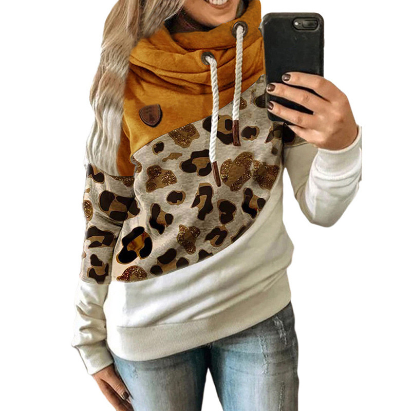 2023 new women's fashion leopard print splicing hooded fleece loose hooded sweater women