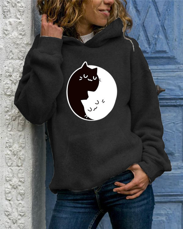 2023 new women's long-sleeved set head animal kitten print round neck casual hooded sweatshirt