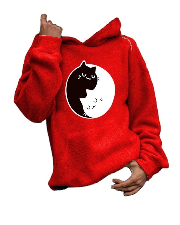 2023 new women's long-sleeved set head animal kitten print round neck casual hooded sweatshirt