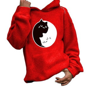 2023 new women's long-sleeved set head animal kitten print round neck casual hooded sweatshirt