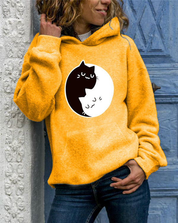 2023 new women's long-sleeved set head animal kitten print round neck casual hooded sweatshirt