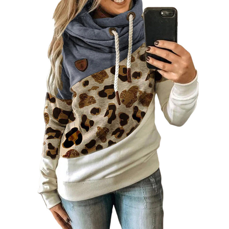 2023 new women's fashion leopard print splicing hooded fleece loose hooded sweater women