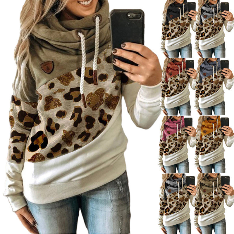 2023 new women's fashion leopard print splicing hooded fleece loose hooded sweater women