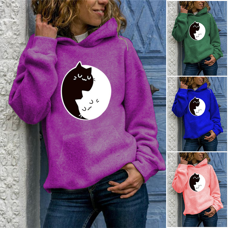 2023 new women's long-sleeved set head animal kitten print round neck casual hooded sweatshirt