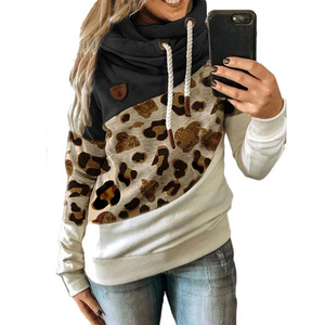 2023 new women's fashion leopard print splicing hooded fleece loose hooded sweater women