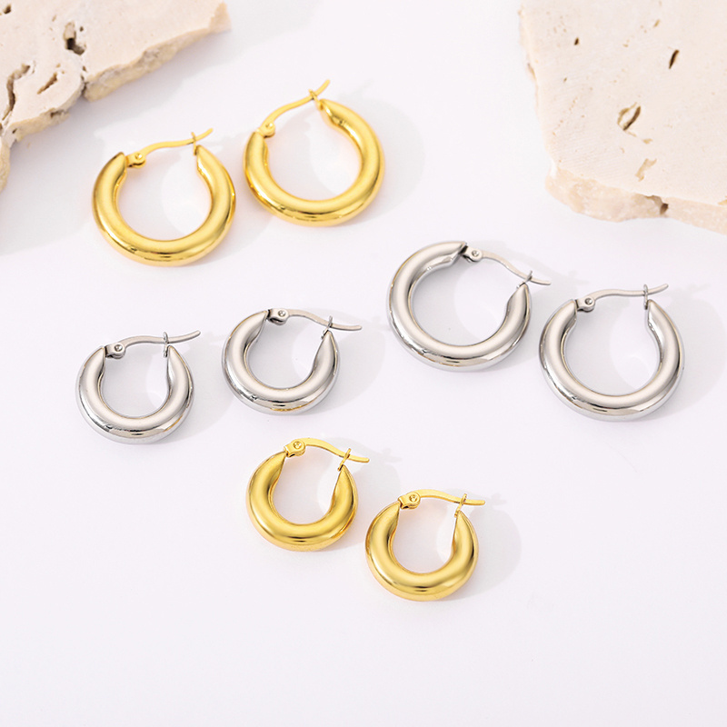 Fashion Jewelry 18K Gold Plated High Polished Thick Minimalist Stainless Steel Earrings Hoop For Women