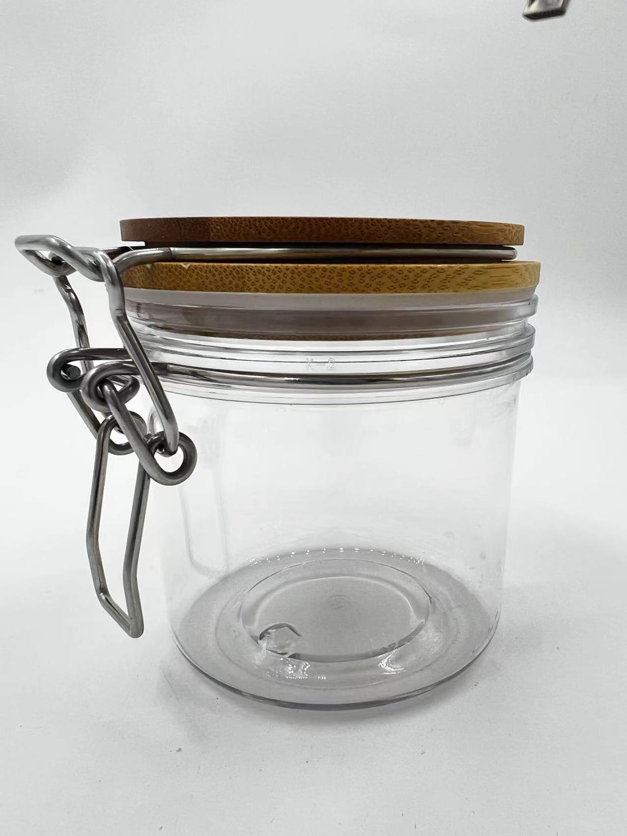 Hot sale airtight food container jars with metal clip top lid for cosmetic packaging wooden lid