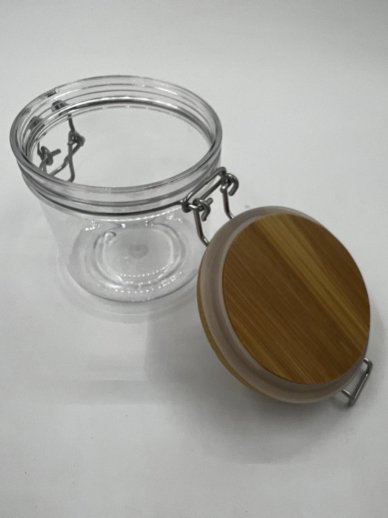 Hot sale airtight food container jars with metal clip top lid for cosmetic packaging wooden lid