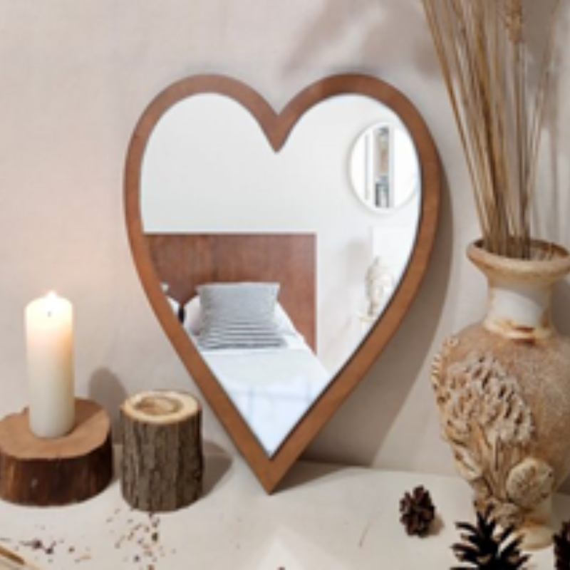 Mirror Heart-shaped wood Medium size clear table with light or wall hanging suitable for bathroom vanity