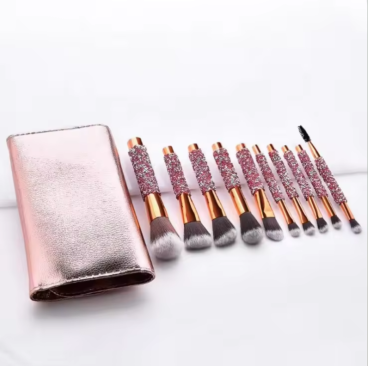 2024 New 10 shiny crystal set with diamond PU leather Bag diamond crystal handle makeup brushes