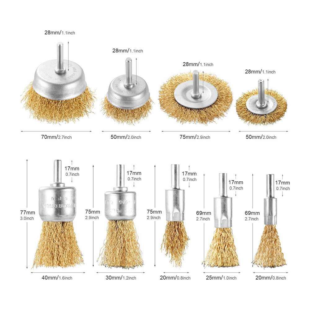 Brass Coated Escobilla De Copa Shaft-Mounted Crimped Wire Cup Brush & Flat Brush & End Brush for Removing Rust/Corrosion/Paint