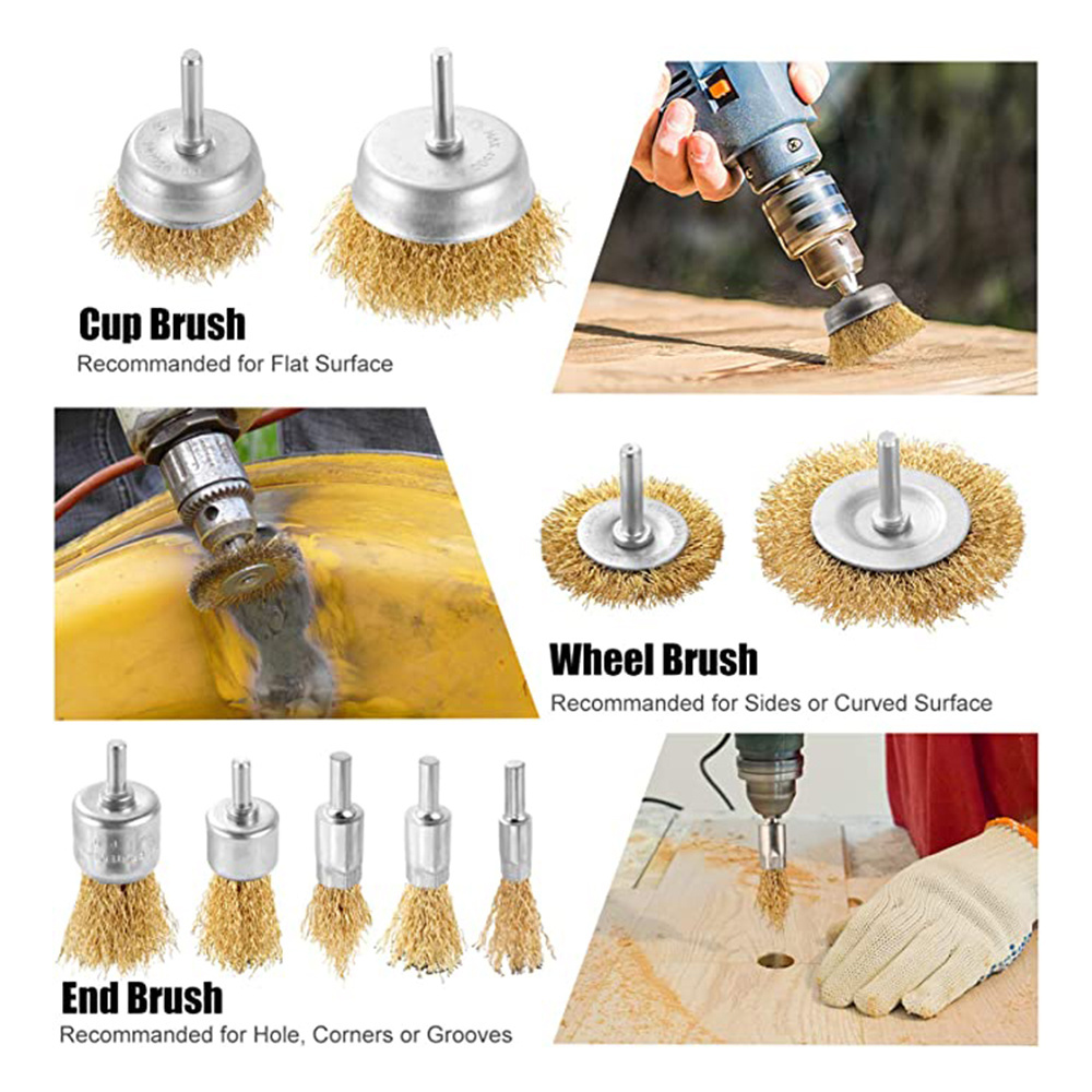 Brass Coated Escobilla De Copa Shaft-Mounted Crimped Wire Cup Brush & Flat Brush & End Brush for Removing Rust/Corrosion/Paint