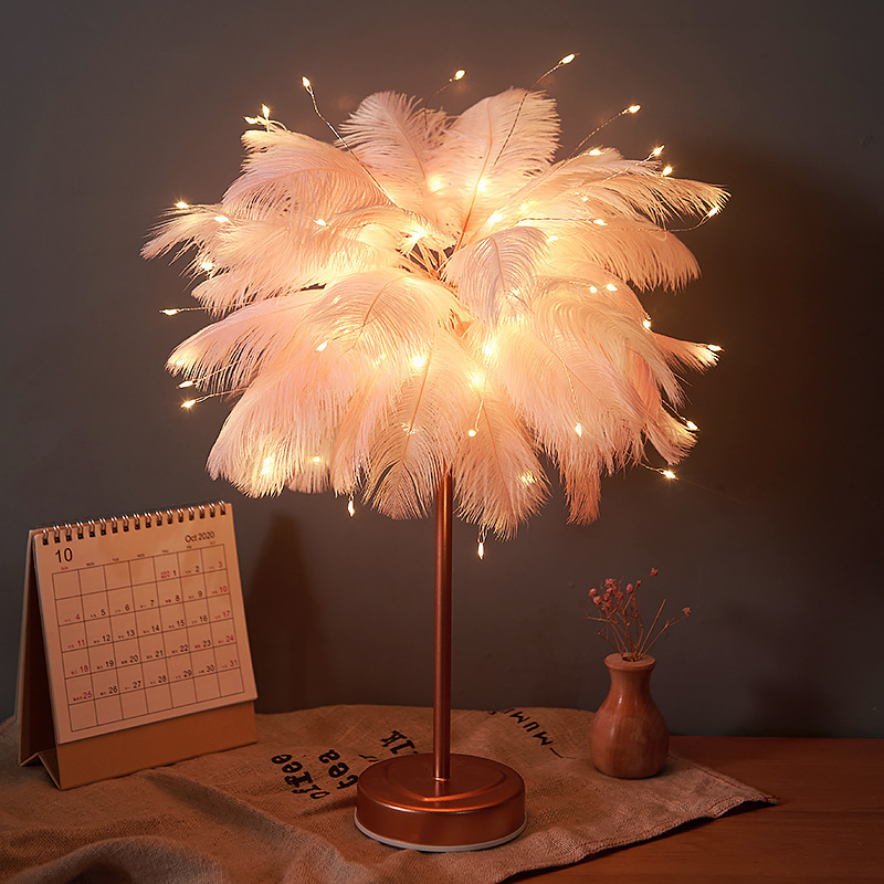 Flashing String Lights Stars Christmas Girl Heart Feather Lamp Room Dormitory Decoration Table Lamp Light Gold Ostrich Feather