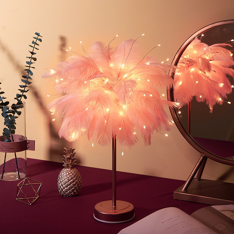 Flashing String Lights Stars Christmas Girl Heart Feather Lamp Room Dormitory Decoration Table Lamp Light Gold Ostrich Feather