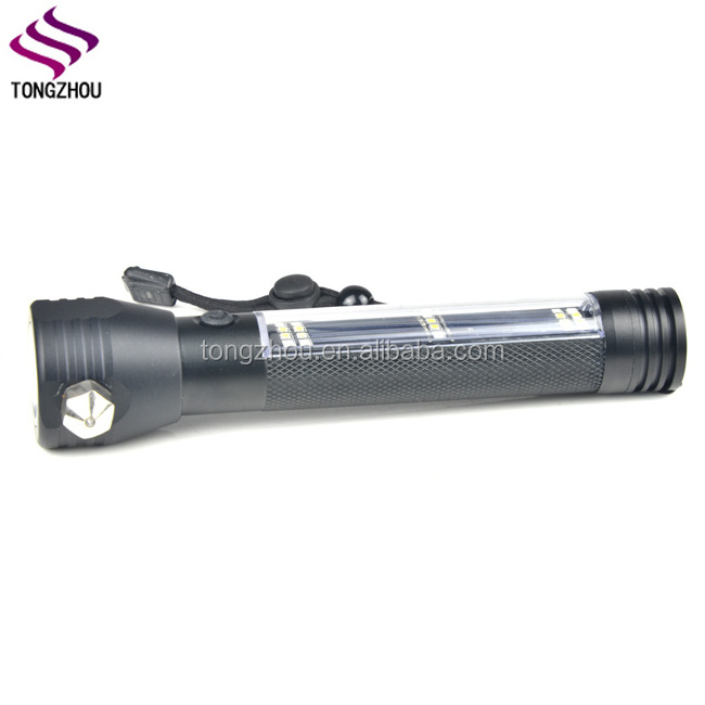 Solar LED flashlight,USB Rechargeable Safe Hammer Cutting Knife Torch Light,Multi-functional LED solar torch