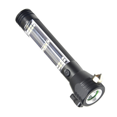 Solar LED flashlight,USB Rechargeable Safe Hammer Cutting Knife Torch Light,Multi-functional LED solar torch