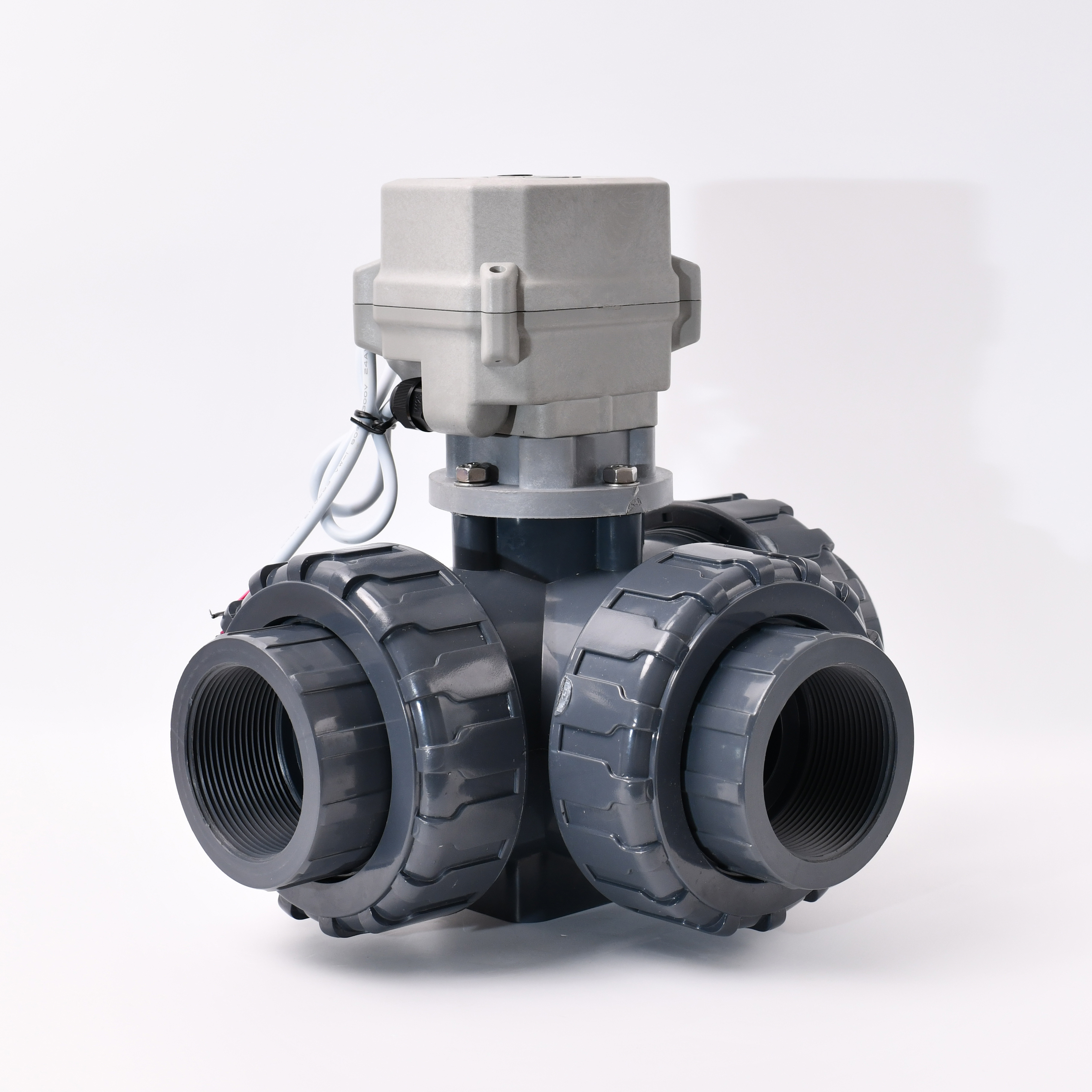 DC24V DN40/DN50 3-way double union UPVC electric ball valve