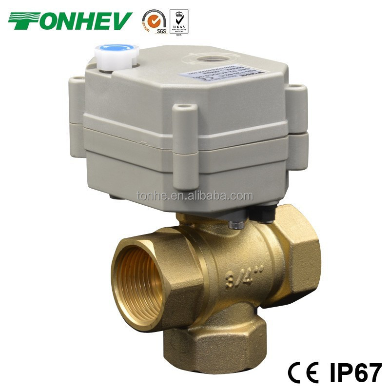 3 Way 3/4 inch electric control brass ball valve 3 port diverter lead free valve with manual handle (T20-B3-B)