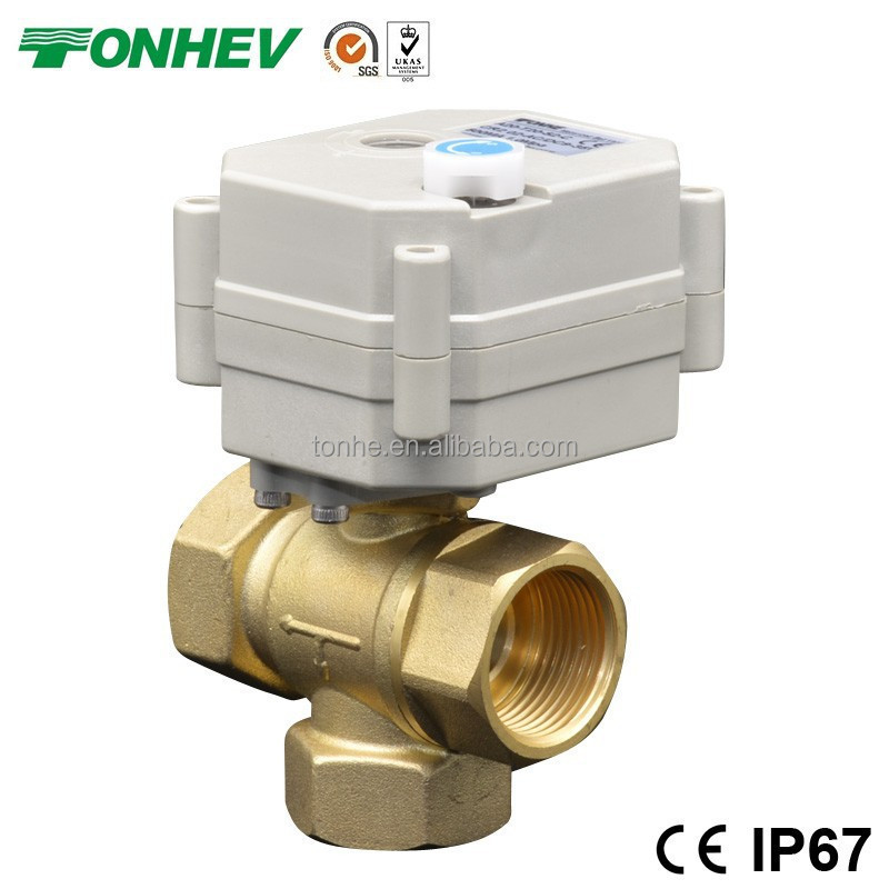 3 Way 3/4 inch electric control brass ball valve 3 port diverter lead free valve with manual handle (T20-B3-B)