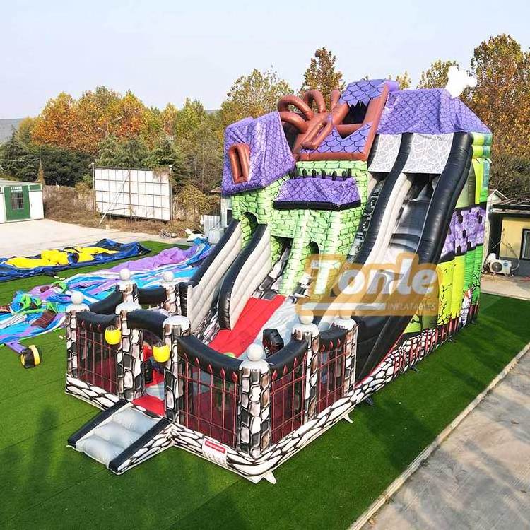 Halloween spook inflatable haunted house playground inflatable slide spooky mansion design inflatable large slide for sale