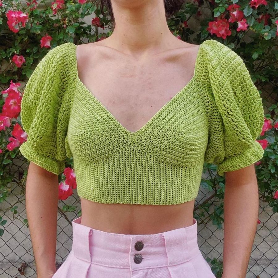 2024 New Arrivals Custom Womens Cute Crop Top Sweaters Summer Cotton Crochet Puffy Sleeve Knit Blossom Top