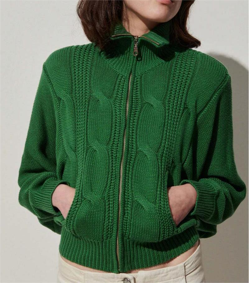 2024 Manufacturer Custom Green Cropped Knitwear Mock Neck Half 1/4 Zipper Quarter Zip Up Cable Knit Sweater for Women