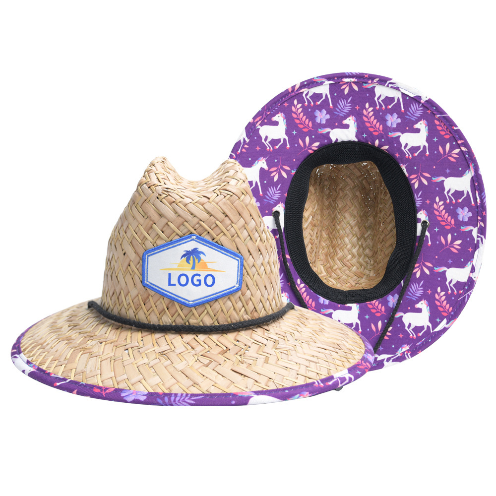 Custom patch logo plain toddler girls kids straw hat wholesale summer natural grass baby lifeguard beach straw hats for kids