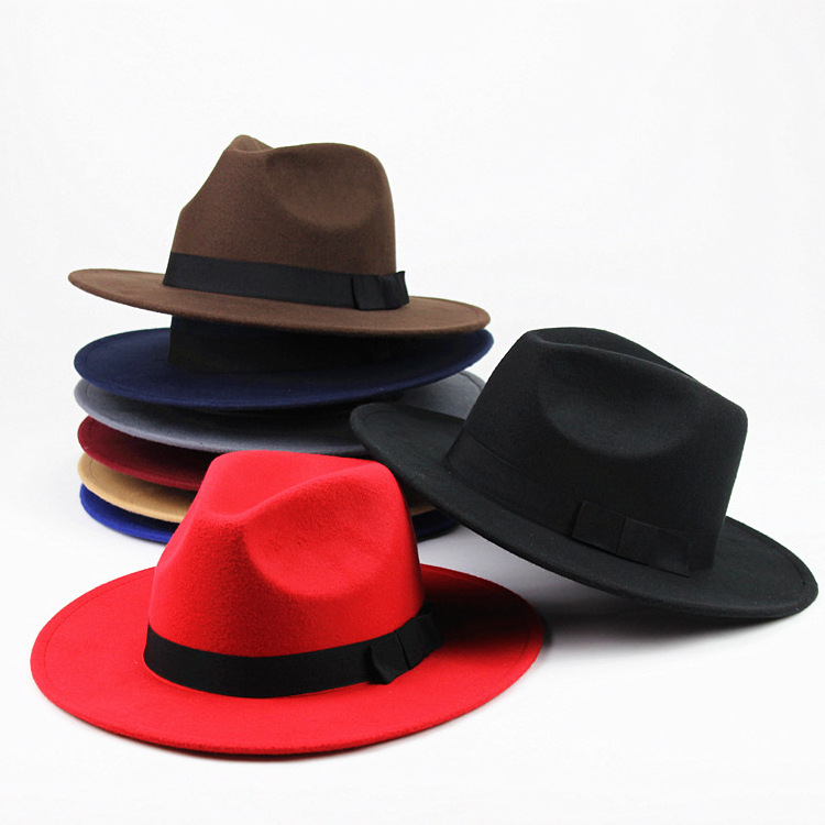 Wholesale Hot Sale Wool Felt Warm Jazz Panama Hat Custom Color Unisex Wide Brim Fedora hat with Ribbon Belt for Men Women