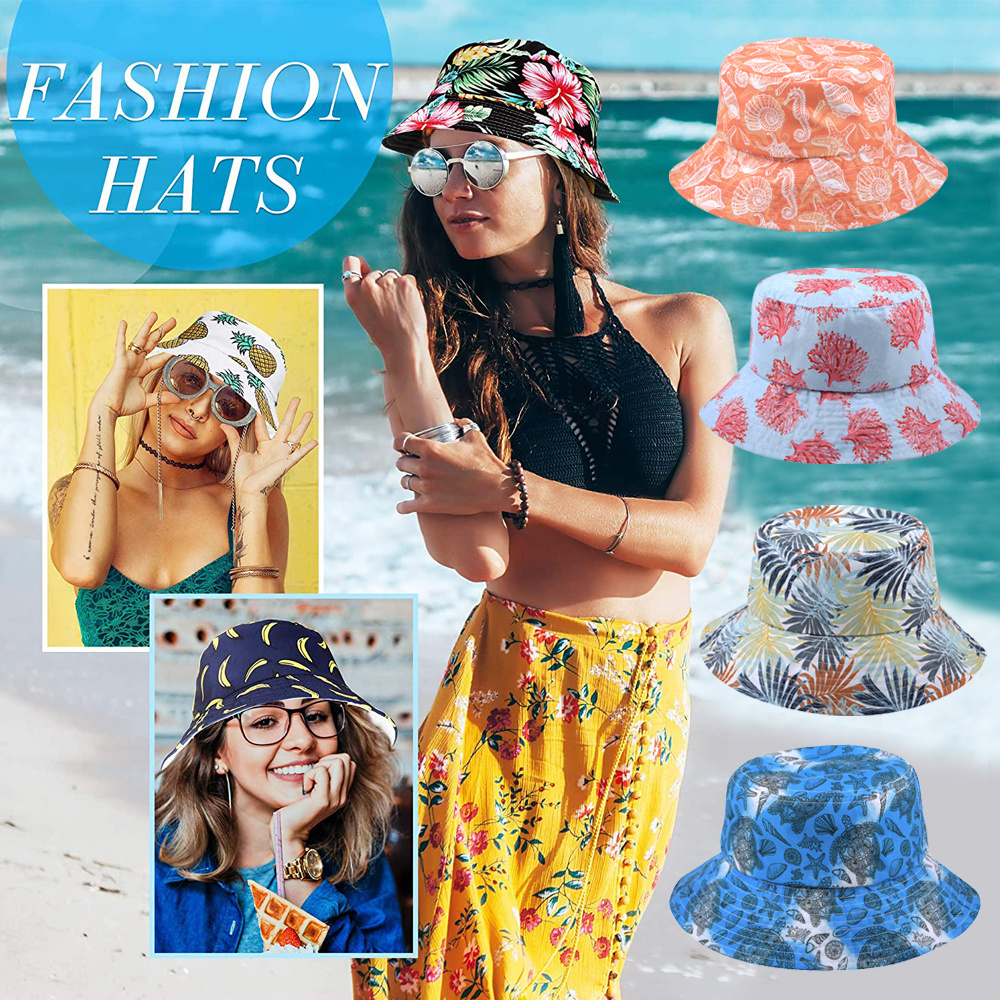 Wholesale custom logo design embroidery Summer Sun Protective Tropical Sublimation Full printed reversible bucket hat