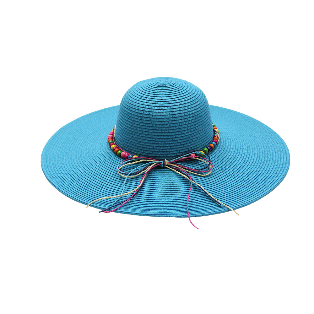 Fashion UPF50  Summer Beach Sun Hat Custom Logo  Paper rope wood bead decoration Wide Brim Braid Floppy Straw Hats for Women