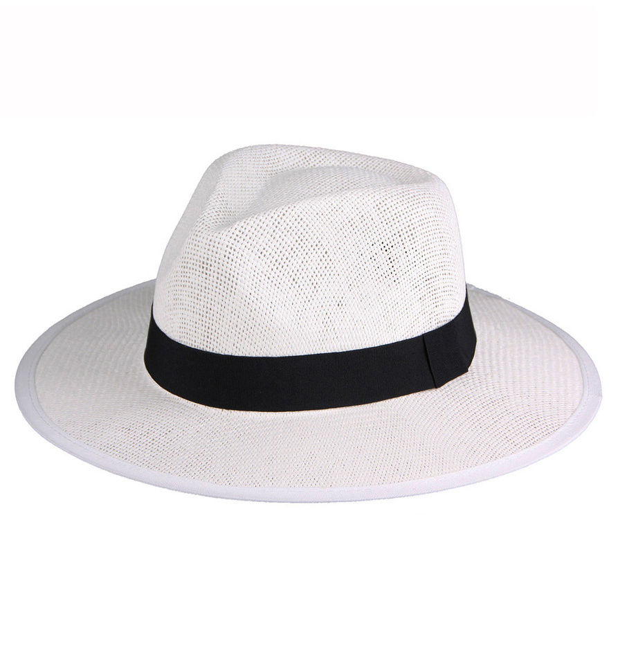 JAKIJAYI wholesale wide brim white fedora straw hat Custom cheap mens Paper straw panama straw hats with black ribbon