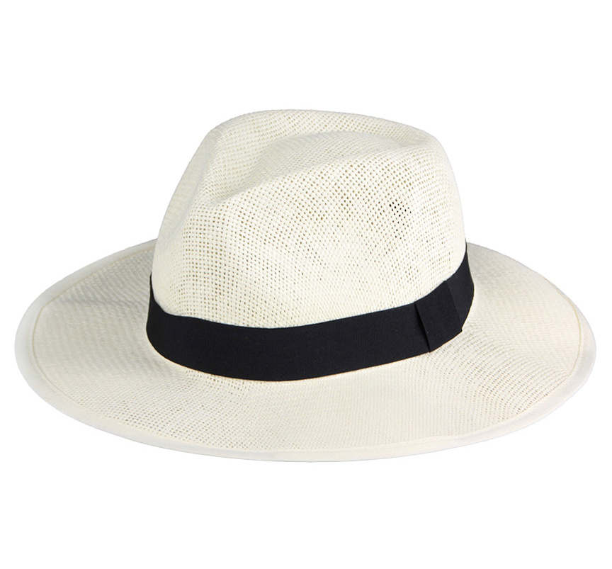 JAKIJAYI wholesale wide brim white fedora straw hat Custom cheap mens Paper straw panama straw hats with black ribbon