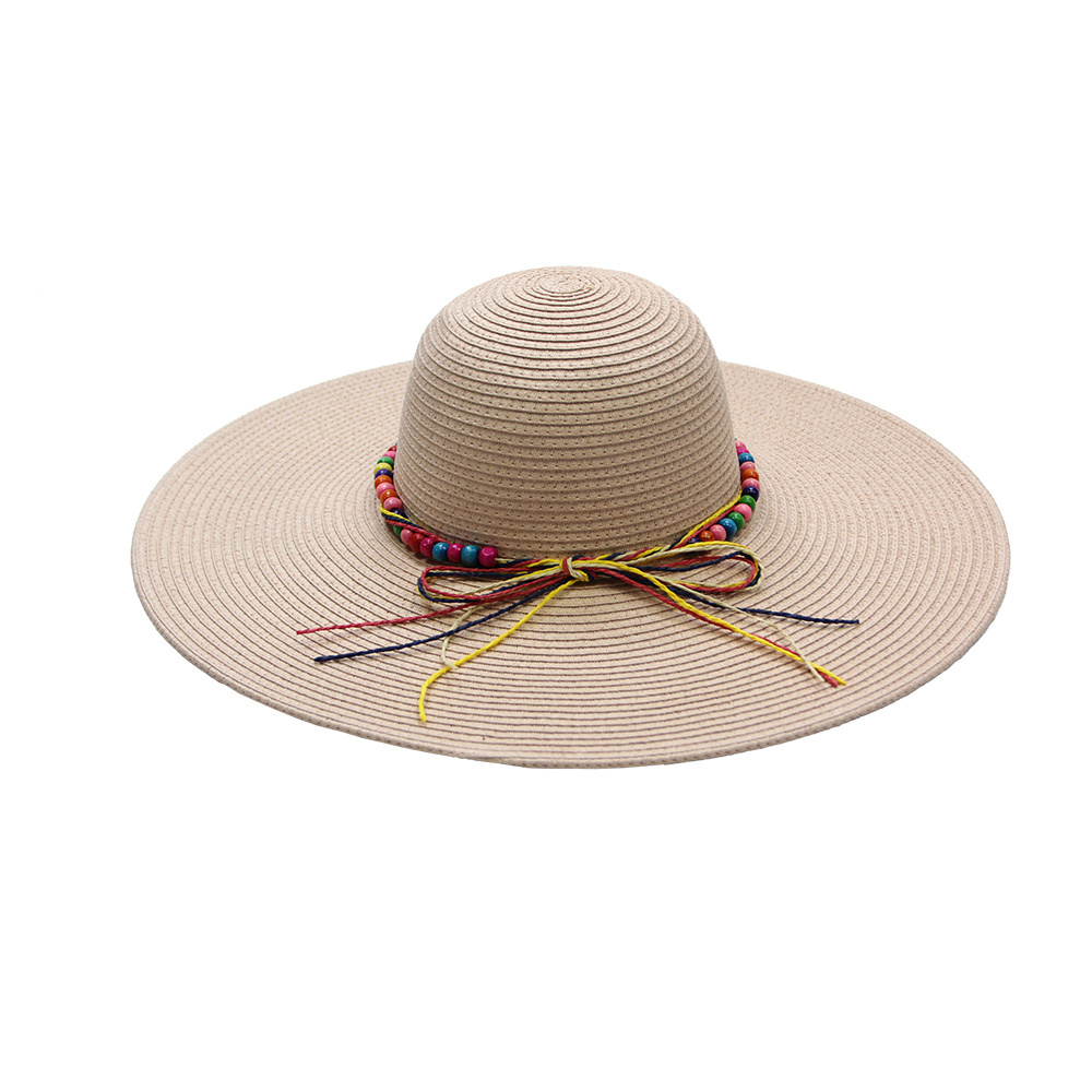 Fashion UPF50  Summer Beach Sun Hat Custom Logo  Paper rope wood bead decoration Wide Brim Braid Floppy Straw Hats for Women