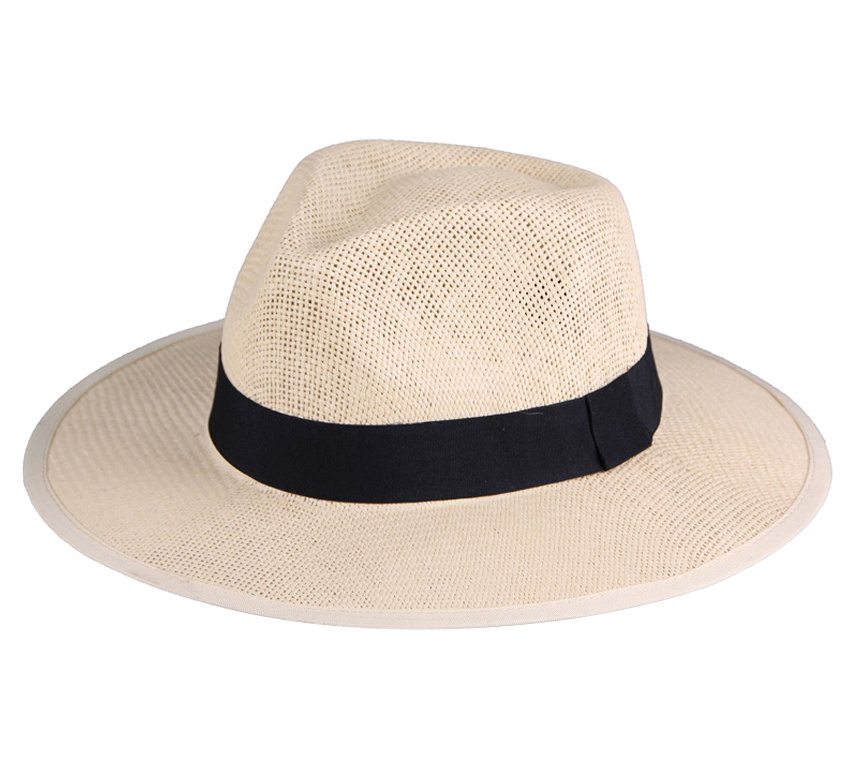 JAKIJAYI wholesale wide brim white fedora straw hat Custom cheap mens Paper straw panama straw hats with black ribbon