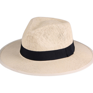 JAKIJAYI wholesale wide brim white fedora straw hat Custom cheap mens Paper straw panama straw hats with black ribbon