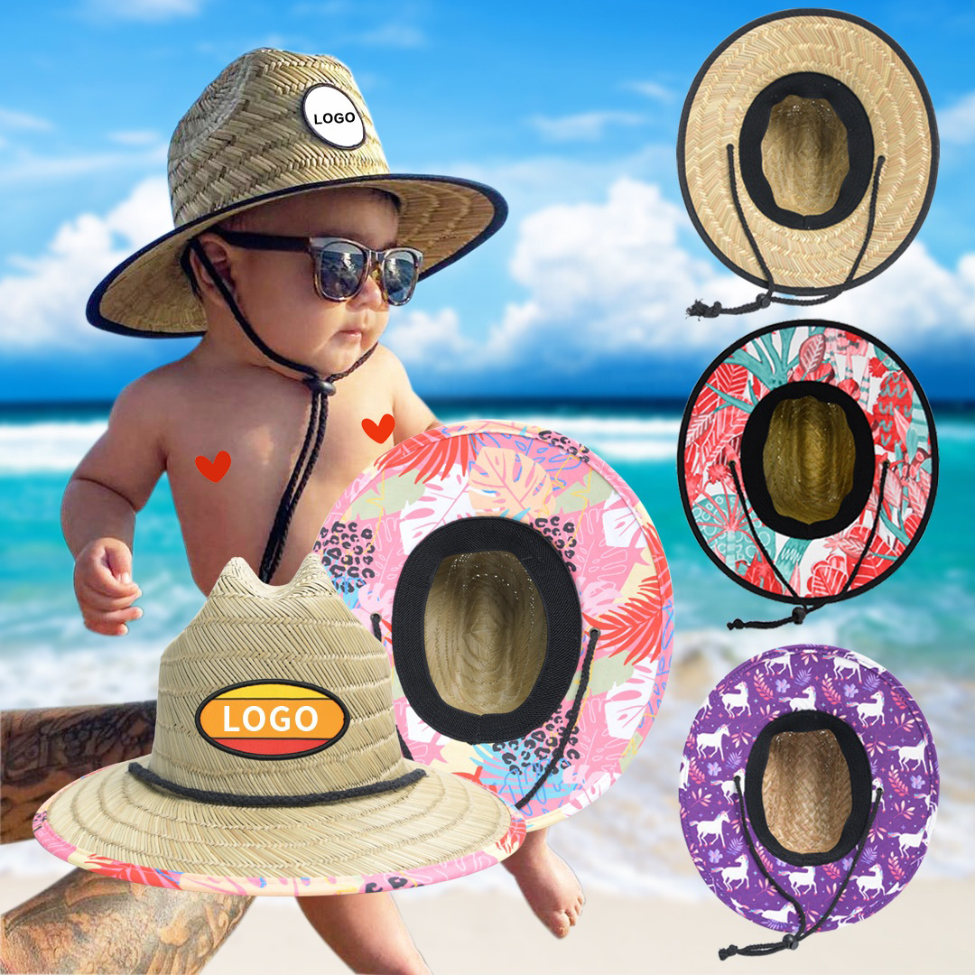 Custom patch logo plain toddler girls kids straw hat wholesale summer natural grass baby lifeguard beach straw hats for kids