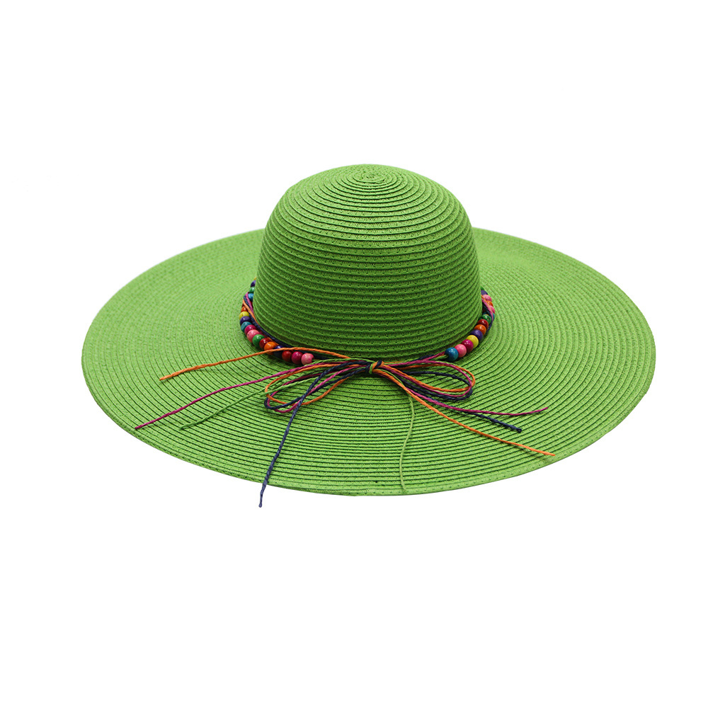 Fashion UPF50  Summer Beach Sun Hat Custom Logo  Paper rope wood bead decoration Wide Brim Braid Floppy Straw Hats for Women